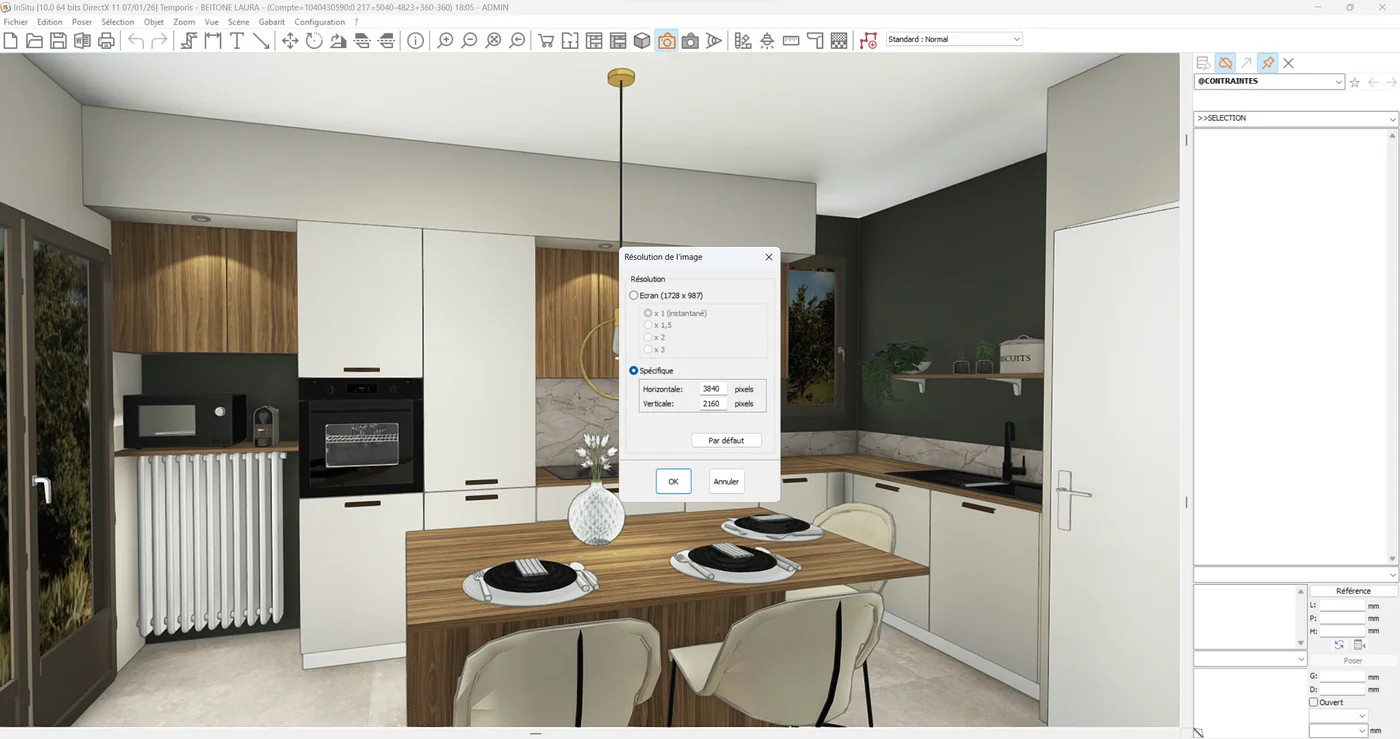Fenêtre Résolution de l'image InSitu configurée en 4K 3840 x 2160 pixels